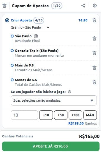 Captura de tela com aposta personalizada em jogos de futebol na Betano
