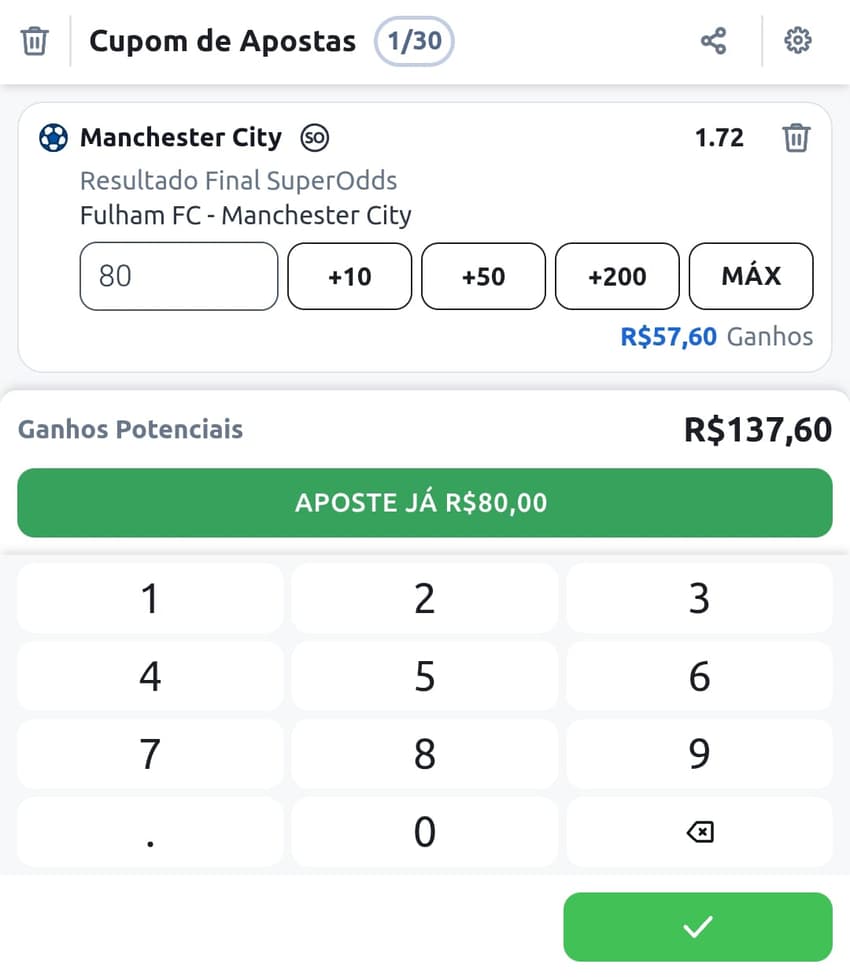 Captura de tela do cupom de apostas na Premier League criado na Betano.