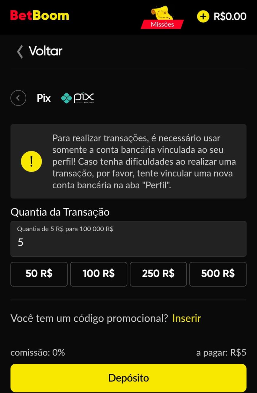 Captura de tela da página de depósitos na BetBoom.