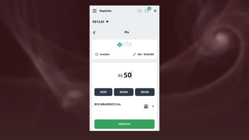 Captura de tela do depósito de R$50 feito pelo Pix Betano.