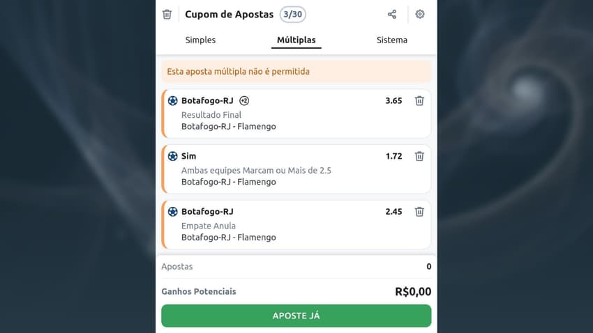 Captura de tela de uma aposta múltipla não permitida