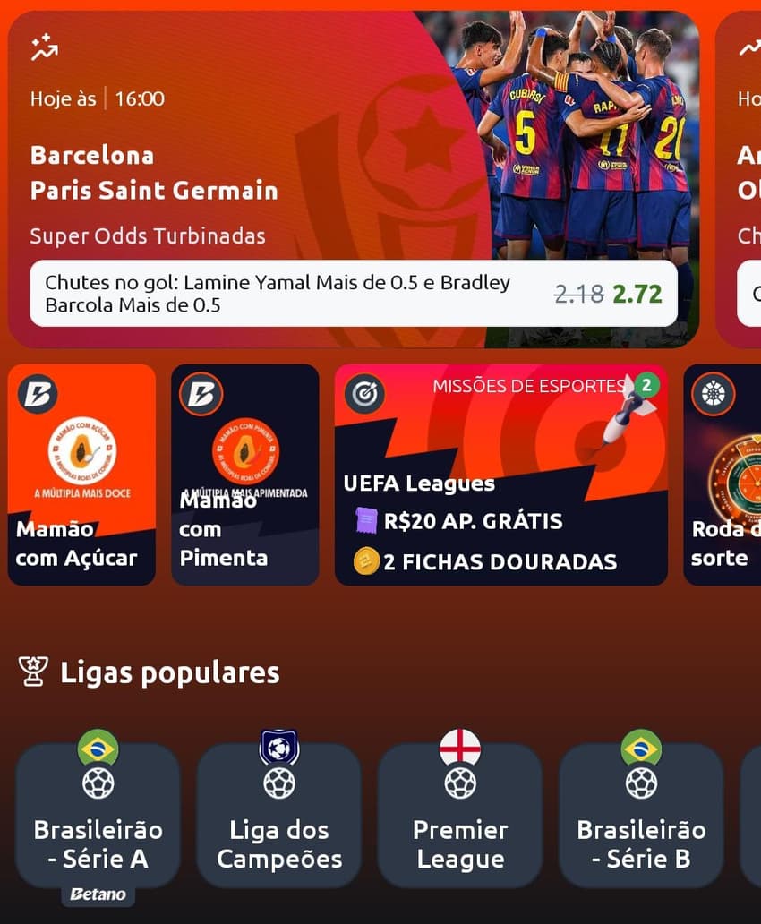 Captura de tela da Betano com esportes populares entre iniciantes.