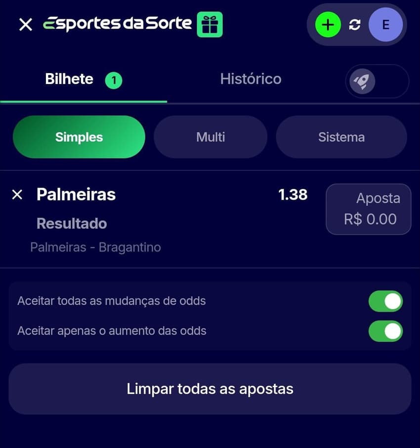 Captura de tela do bilhete de apostas esportivas no Brasileirão.