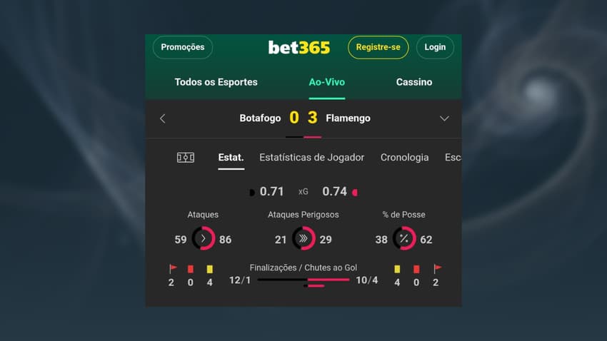 Captura de tela da função xG Bet365 para a partida Botafogo 0 e Flamengo 3, no Brasileirão 2025