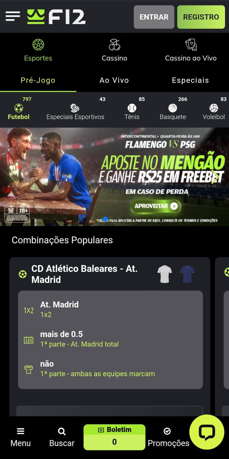 Captura de tela da página inicial da F12 Bet com combinações de apostas populares.