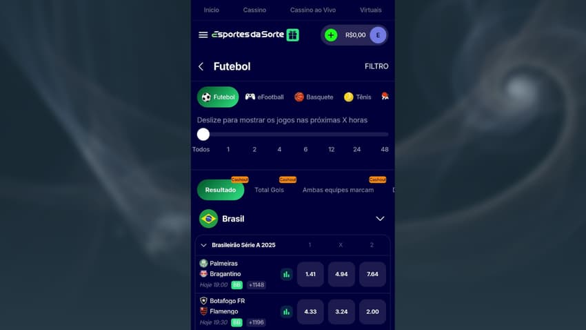 Captura de tela da seção de apostas esportivas em futebol