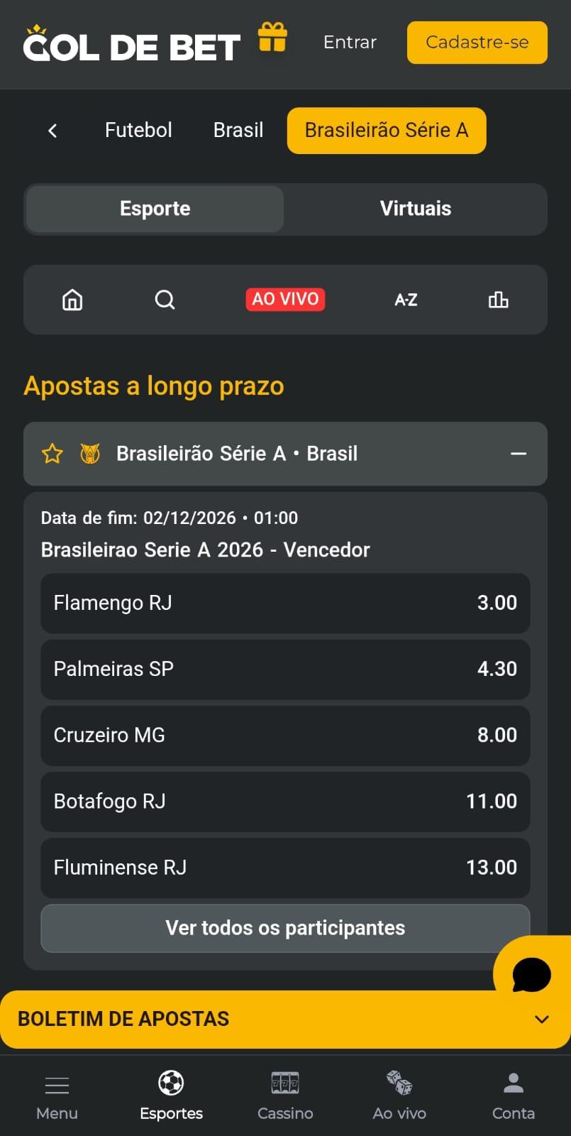 Captura de tela das apostas de longo prazo no Campeonato Brasileiro 2026 na Gol de Bet.