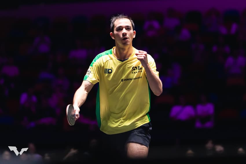 Hugo Calderano na vitória na estreia do WTT de Macau (Divulgação/WTT)