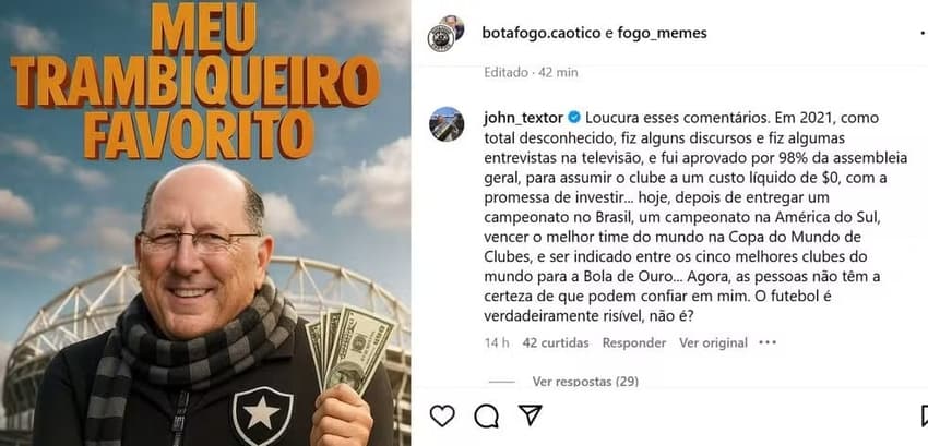 John Textor respondeu torcedores do Botafogo (Foto: Reprodução)