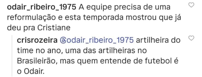 Resposta de Cristiane a um usuário (Foto: Reprodução Instagram/@flamengofutebolfeminino)