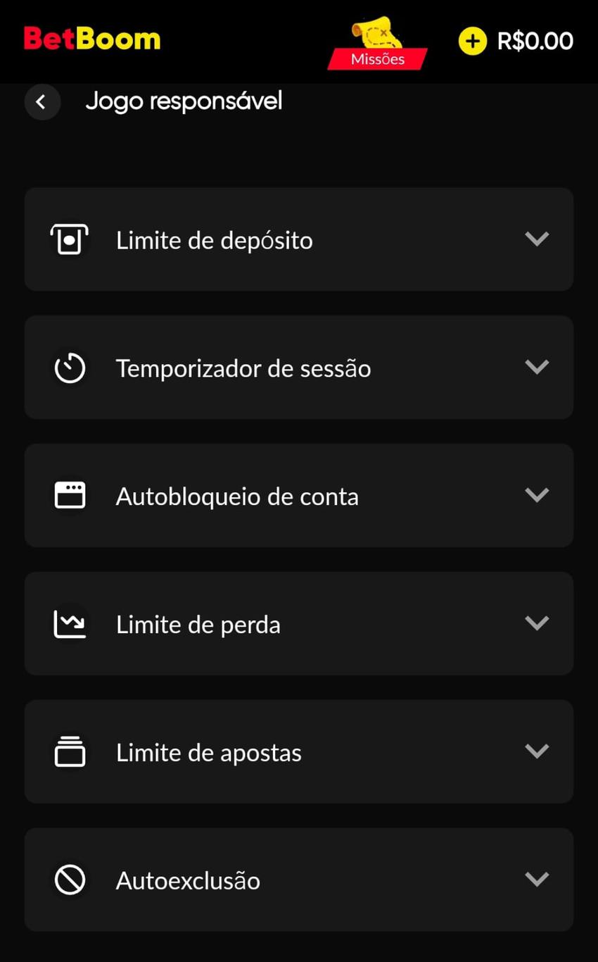 Captura de tela da página do jogo responsável na BetBoom com ferramentas de ajuda.