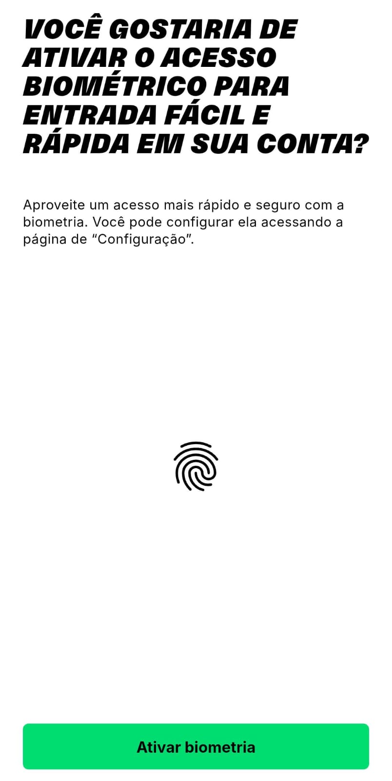 Captura de tela da função de login por biometria no KTO App
