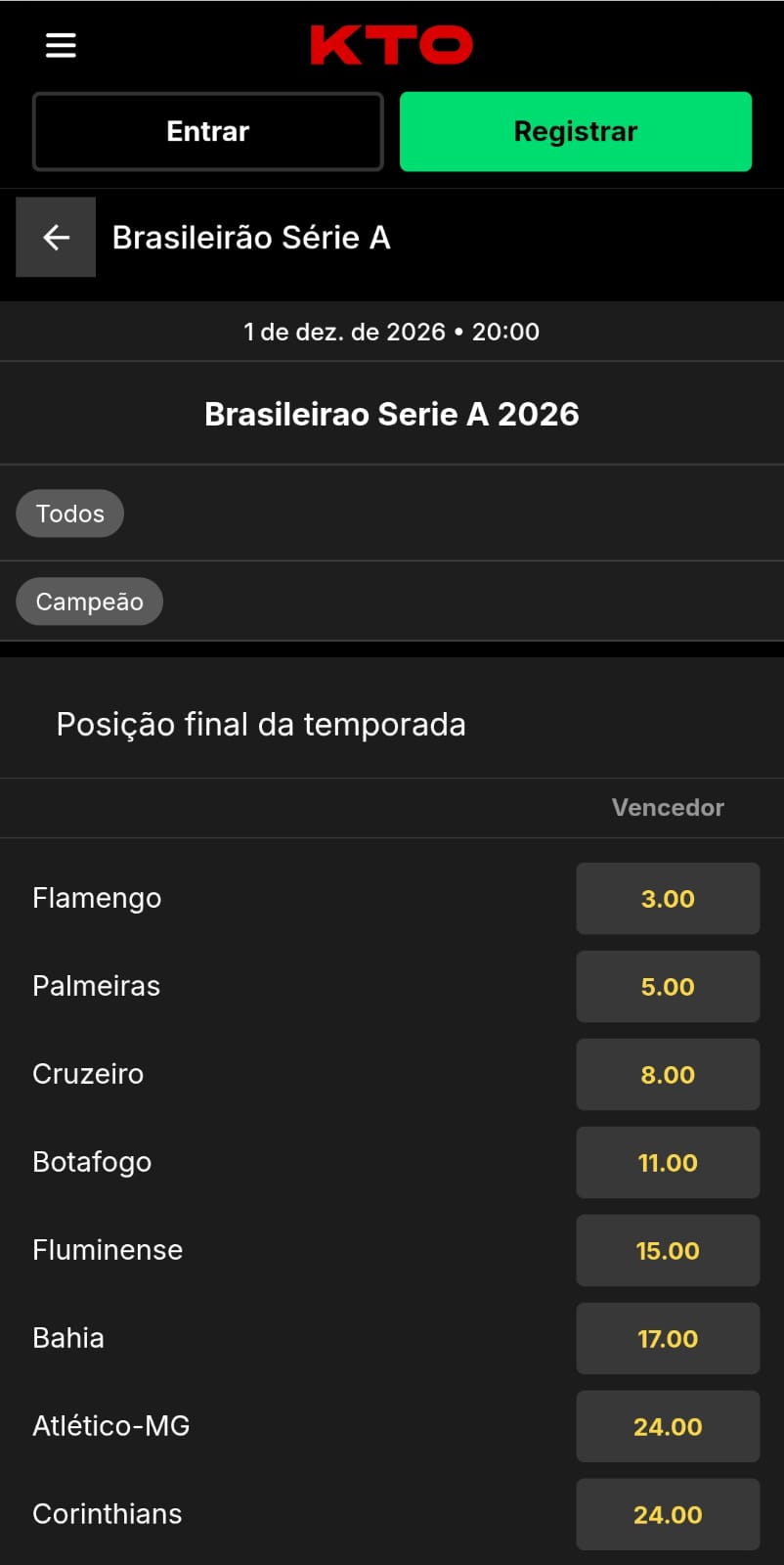 Captura de tela dos mercados de apostas no Brasileirão disponíveis na KTO.