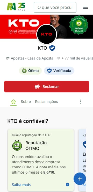Reputação ótima da KTO no Reclame Aqui