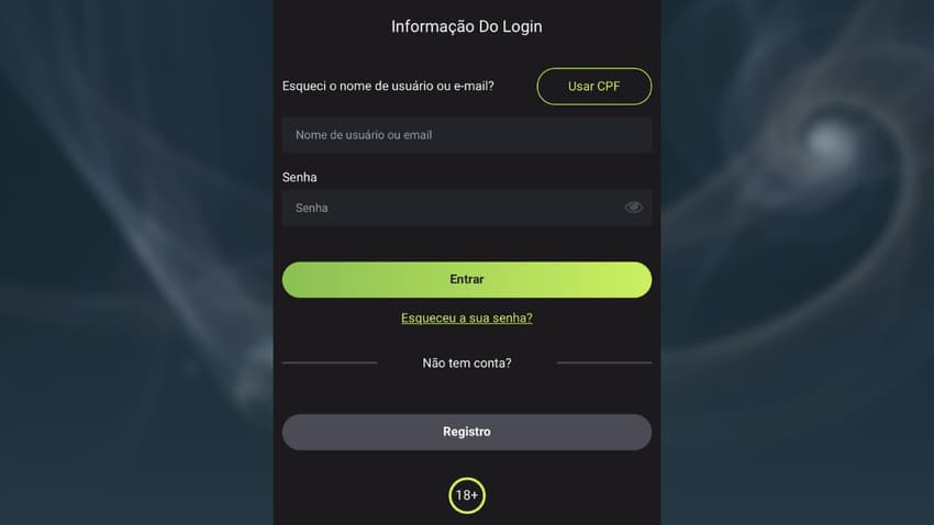 Tela de login na F12 Bet