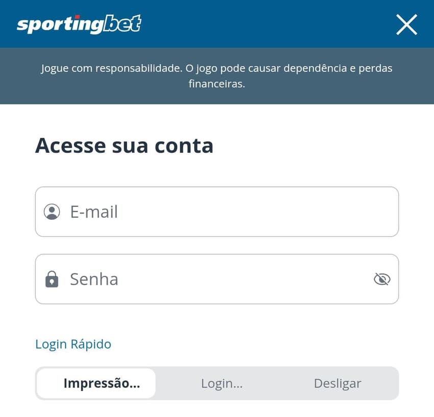 Captura de tela do login Sportingbet pelo app