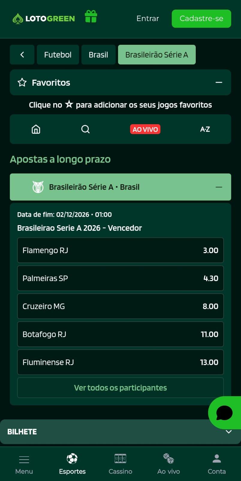 Captura de  tela das apostas de longo prazo no Brasileirão 2026 na Lotogreen.
