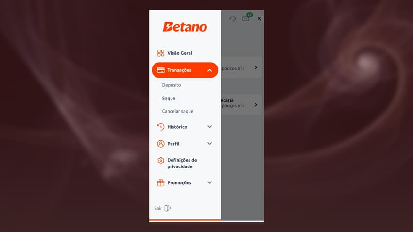 Captura de tela do menu lateral da Betano com destaque para o botão de Transações, necessário para fazer o saque Pix Betano.