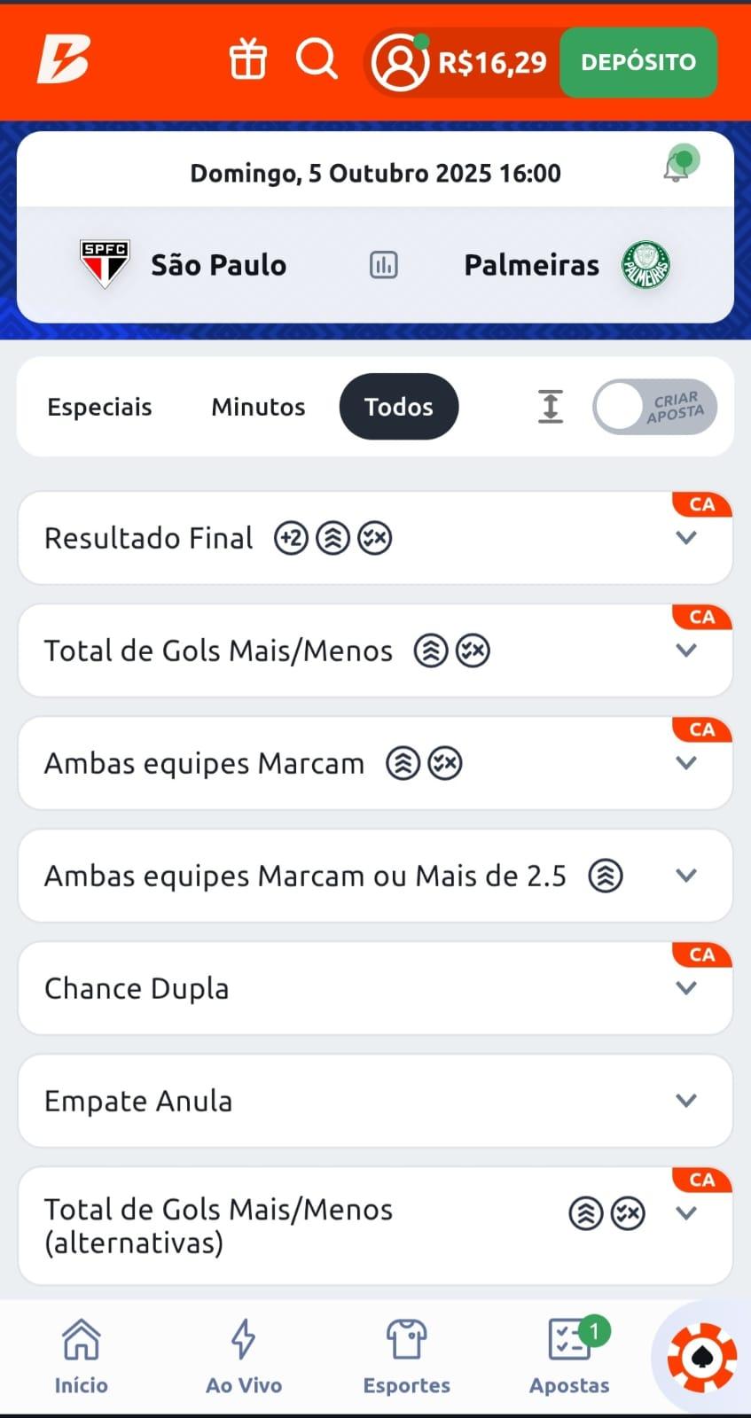 Captura de tela da página de mercados em jogo do Brasileirão na Betano