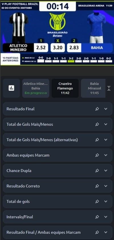 Lista de mercados de apostas numa partida de futebol virtual na Betano.