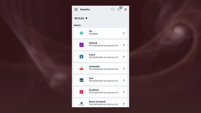Captura da tela que informa os métodos de pagamento da casa, incluindo o Pix Betano.