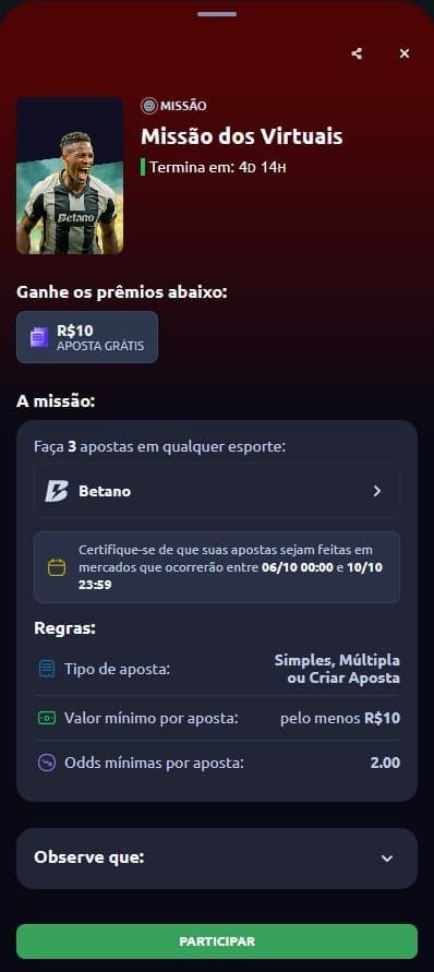 Captura de tela com a promoção "Missão dos Virtuais" da Betano.