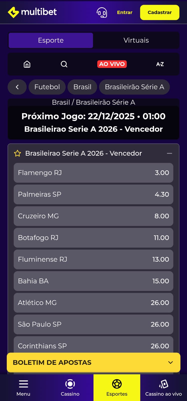  Captura de tela dos mercados de apostas disponíveis para palpites de longo prazo no Brasileirão na Multibet.