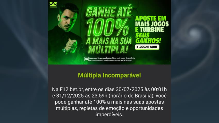 Captura de tela mostra os detalhes do bônus da F12 Bet em apostas múltiplas.