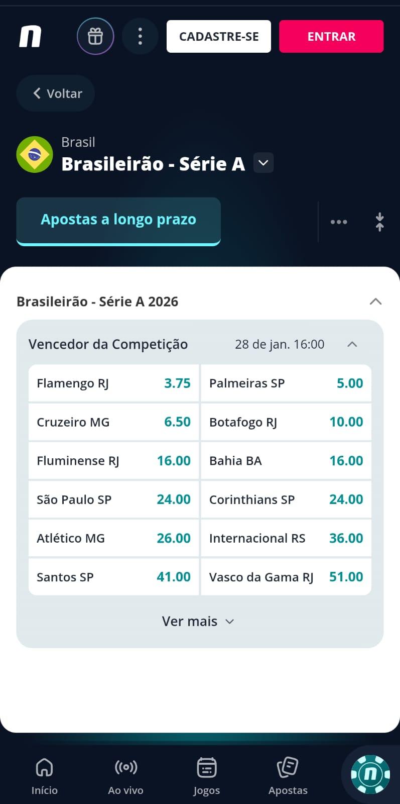 Captura de tela das opções de apostas no Brasileirão para vencedor da edição de 2026.