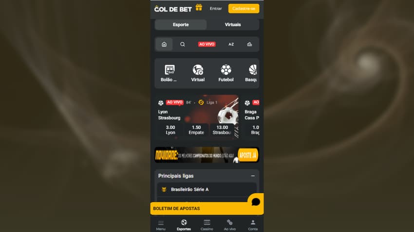 Home page da Gol de Bet com partida entre Lyon e Strasbourg ao vivo na Liga 1