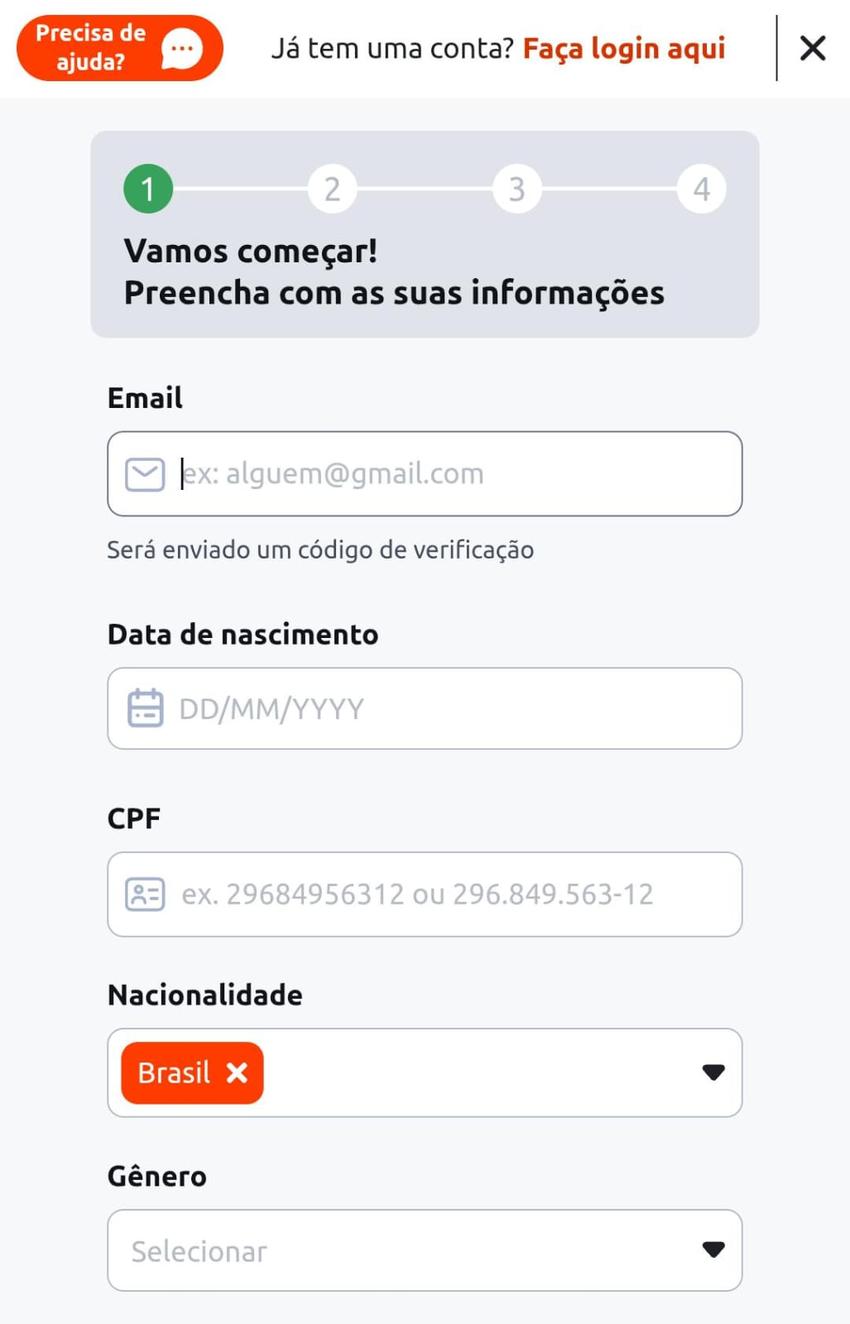 Captura de tela do formulário de cadastro da Betano.
