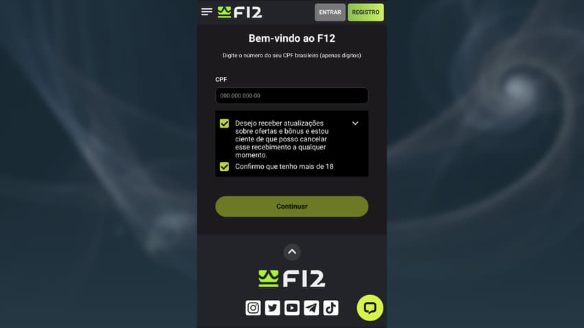Captura da tela para efetivar o registro F12 Bet.