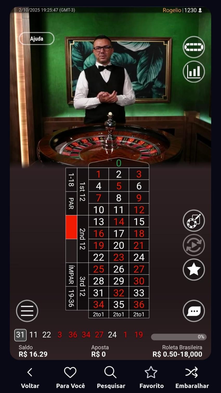 Captura de tela da roleta ao vivo na Betano