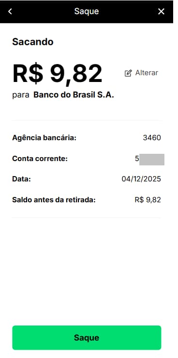 Pedido de saque na KTO no valor de R$9,82