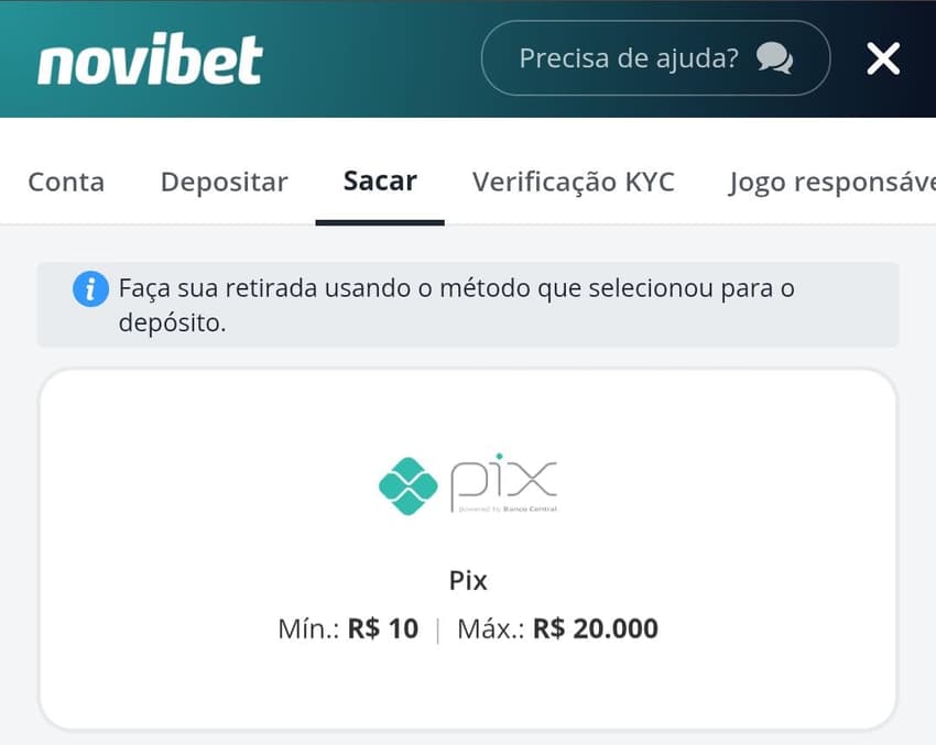 Captura de tela da página de saque da Novibet