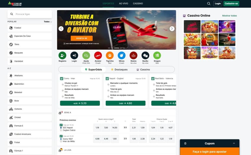 A Casa de Apostas traz uma plataforma intuitiva para facilitar as bets dos jogadores | Crédito: Reprodução / Casa de Apostas