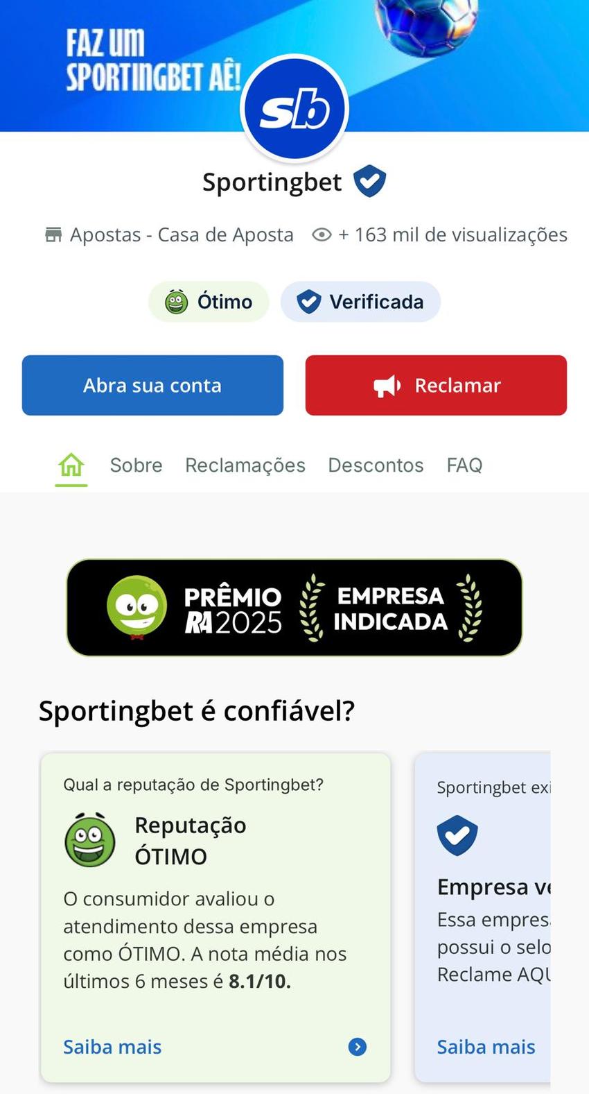 Captura de tela da página da Sportingbet no Reclame Aqui.