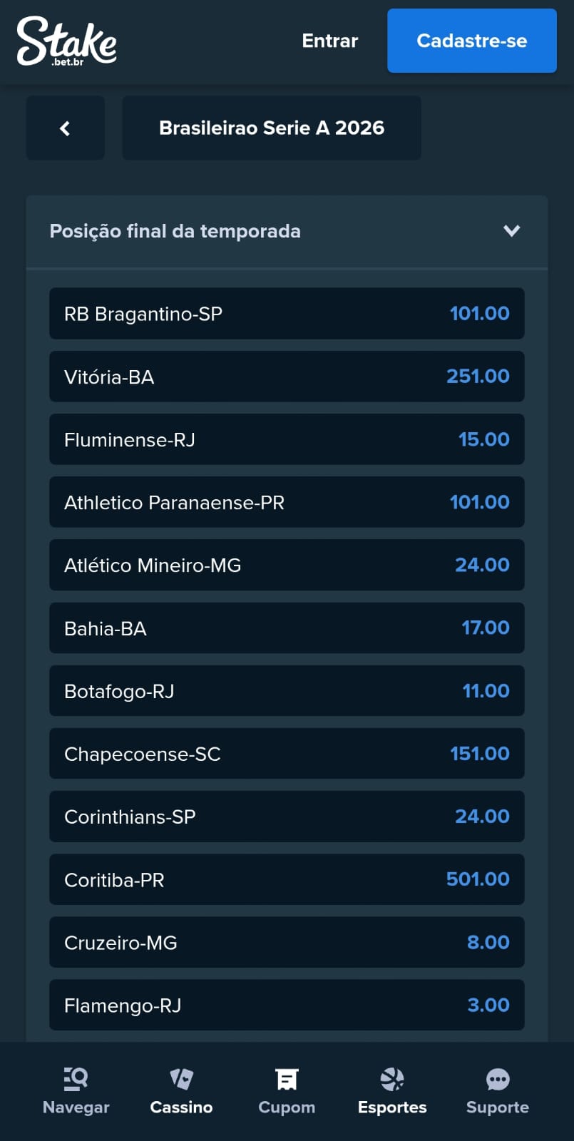 Captura de tela dos mercados de apostas no Brasileirão 2026 de longo prazo.