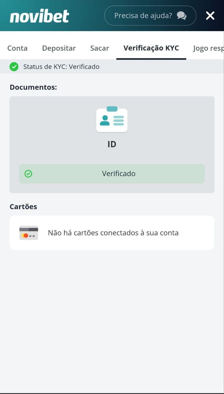 Status de Verificado na Novibet com processo de KYC completo