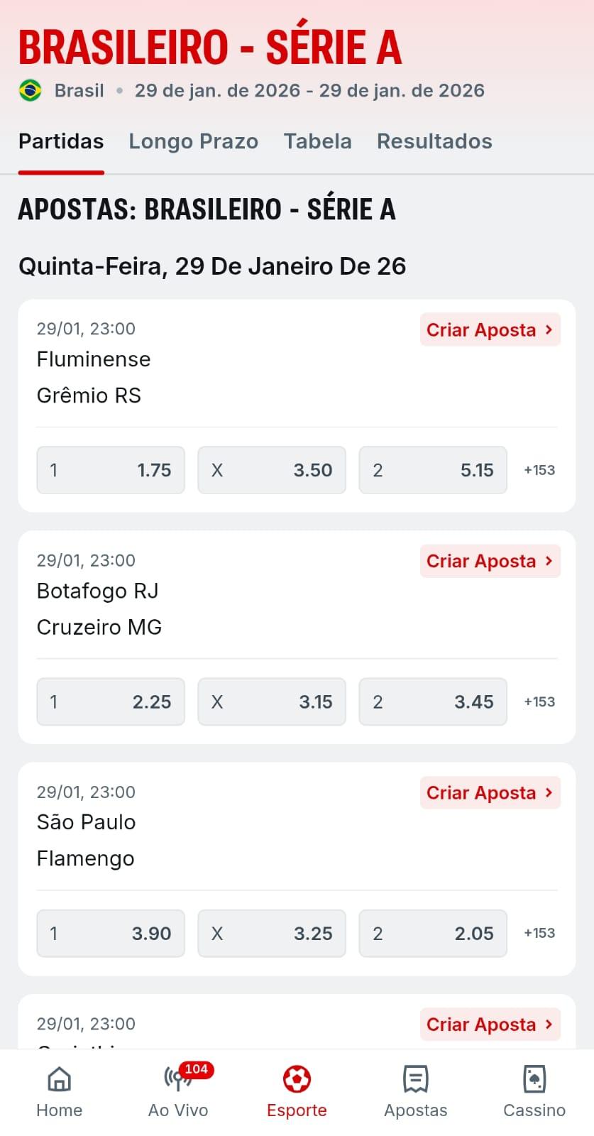 Captura de tela dos jogos do Brasileirão para apostar na Superbet.