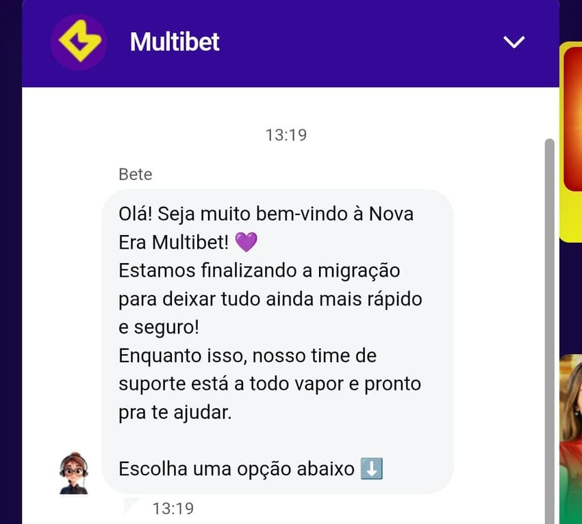 Captura de tela do suporte ao cliente da Multibet