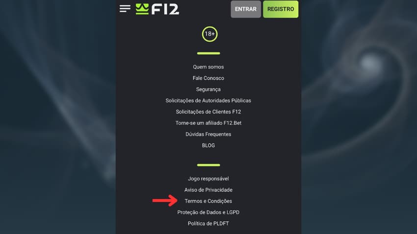 Captura de tela mostra onde encontrar os Termos e Condições da F12 Bet