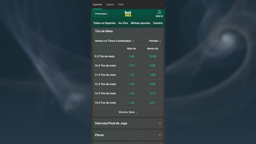 Captura de tela do mercado de tiro de meta na Bet365