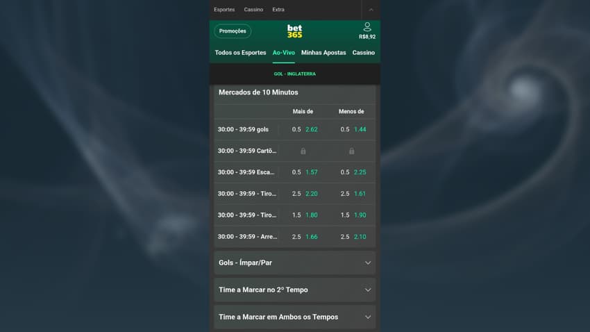 Captura de tela da página de mercados de 10 minutos na Bet365