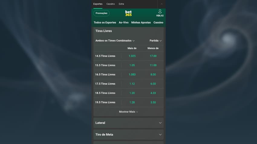 Captura de tela do mercado de apostas em tiro livre na Bet365