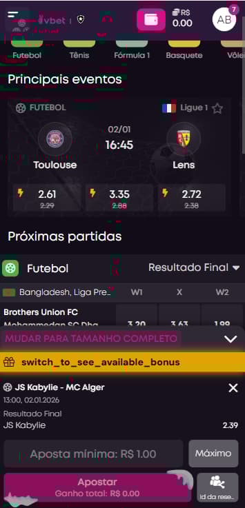 Interface da VBet com bilhete de apostas em futebol