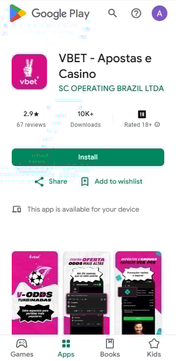 Página do app VBet na Google Play para download