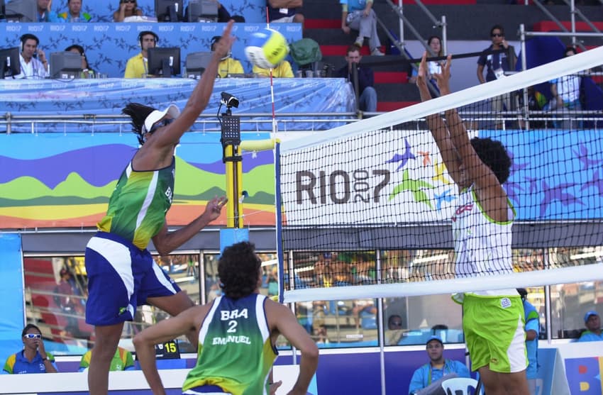 Rio de Janeiro; Brasil; Arena de volei em Copacabana; 20/07/2007; Geral; Jogos Pan-Americanos Rio 2007; Volei de praia masculino. Brasil x Mexico, Ricardo e Emanuel; Foto Paulo Serio/Lanceress!;Digital;