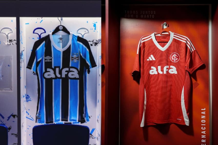 Arte com fotos de Grêmio e Internacional