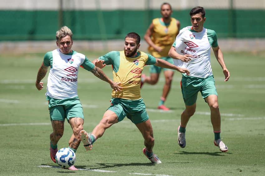 Nonato e Soteldo no treino do Fluminense (Foto: Marcelo Gonçalves / Fluminense FC)